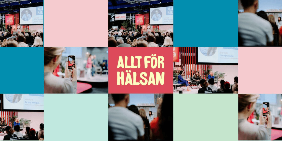 Inspiration_AFH_wp (1) En röd ruta med texten allt för hälsan i gult. Färgglatt rutmönster runtomkring blandat med bilder som visar tidigare genomföranden av Allt för hälsan