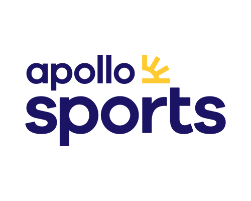 apollo sports_logo_500x400 Apollo Sports-logotyp i mörkblått med gul solsymbol.