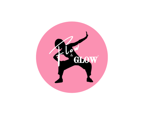 Flow&Glow Flow & Glow-logotyp med siluett i danspose på rosa cirkel.