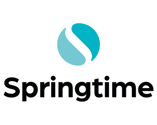 Springtime1 Logotyp för Springtime med en turkos och ljusblå cirkel med ett stiliserat S i mitten, och ordet 'Springtime' i svart text under.